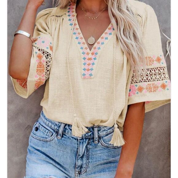 Beige Tassel Drawstring Boho Chic Embroidered Half Sleeve V Neck Top Size M - Picture 3 of 15